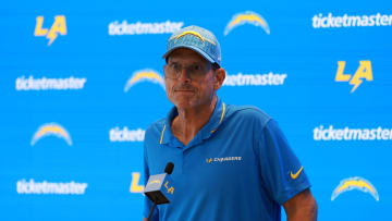 Jul 24, 2024; El Segundo, CA, USA;  Los Angeles Chargers head coach Jim Harbaugh speaks to the media after the first day of training camp at The Bolt. Mandatory Credit: Kiyoshi Mio-USA TODAY Sports