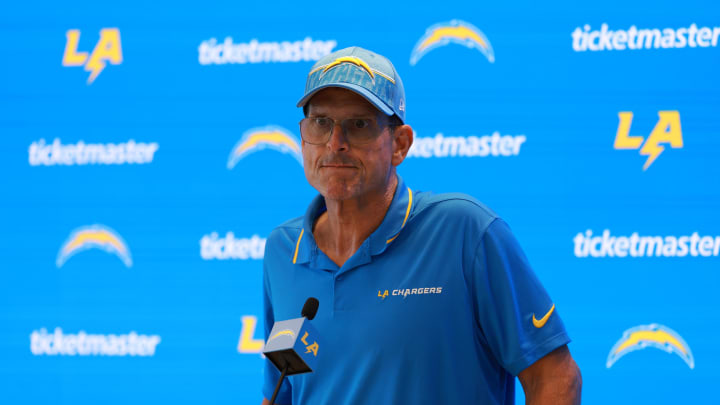 Jul 24, 2024; El Segundo, CA, USA;  Los Angeles Chargers head coach Jim Harbaugh speaks to the media after the first day of training camp at The Bolt. Mandatory Credit: Kiyoshi Mio-USA TODAY Sports