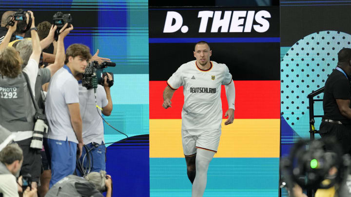 Aug 6, 2024; Paris, France; Germany power forward Daniel Theis (10) runs onto the court before the game against Greece during a menís basketball quarterfinal game during the Paris 2024 Olympic Summer Games at Accor Arena.