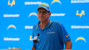 Jul 24, 2024; El Segundo, CA, USA;  Los Angeles Chargers head coach Jim Harbaugh speaks to the media after the first day of training camp at The Bolt.