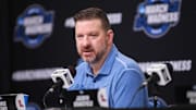 Mar 27, 2025; Atlanta, GA, USA; Mississippi Rebels head coach Chris Beard addresses the media in a press conference during NCAA Tournament South Regional Practice at State Farm Arena. Mandatory Credit: Brett Davis-Imagn Images