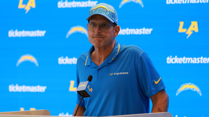 Jul 24, 2024; El Segundo, CA, USA;  Los Angeles Chargers head coach Jim Harbaugh speaks to the media after the first day of training camp at The Bolt. Mandatory Credit: Kiyoshi Mio-USA TODAY Sports