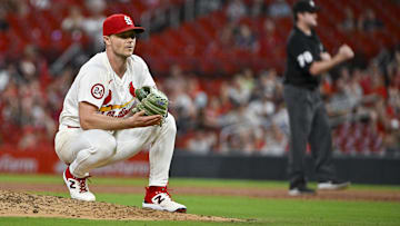 Sep 18, 2024; St. Louis, Missouri, USA;  St. Louis Cardinals starting pitcher Sonny Gray (54) reacts after third baseman Nolan Arenado (not pictured) completed an inning ending double play against the Pittsburgh Pirates during the third inning at Busch Stadium. Mandatory Credit: Jeff Curry-Imagn Images