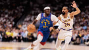 Apr 20, 2024; Denver, Colorado, USA; Denver Nuggets guard Reggie Jackson (7) drives to the basket against Los Angeles Lakers guard Spencer Dinwiddie (26) during the second quarter in game one of the first round for the 2024 NBA playoffs at Ball Arena. Mandatory Credit: Andrew Wevers-USA TODAY Sports