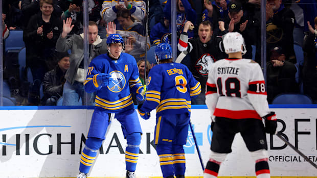 Tage Thompson loves to score, and Zach Benson loves to dish the puck, perhaps they link up on Thompson's 50t