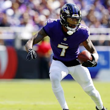 Sep 14, 2025; Baltimore, Maryland, USA; Baltimore Ravens wide receiver Rashod Bateman (7) runs the ball during the first half against the Cleveland Browns at M&T Bank Stadium. Mandatory Credit: Peter Casey-Imagn Images