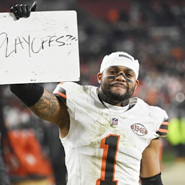 Dec 28, 2023; Cleveland, Ohio, USA; Cleveland Browns safety Juan Thornhill (1) celebrates after the Browns beat the New York Jets at Cleveland Browns Stadium. Mandatory Credit: Ken Blaze-Imagn Images