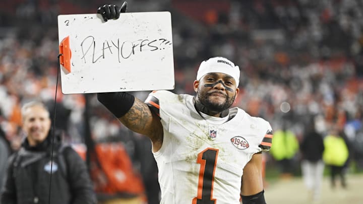 Dec 28, 2023; Cleveland, Ohio, USA; Cleveland Browns safety Juan Thornhill (1) celebrates after the Browns beat the New York Jets at Cleveland Browns Stadium. Mandatory Credit: Ken Blaze-Imagn Images