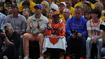 Spike Lee sits court side during the 2025 NBA Playoffs between the Indiana Pacers and the New York Knicks