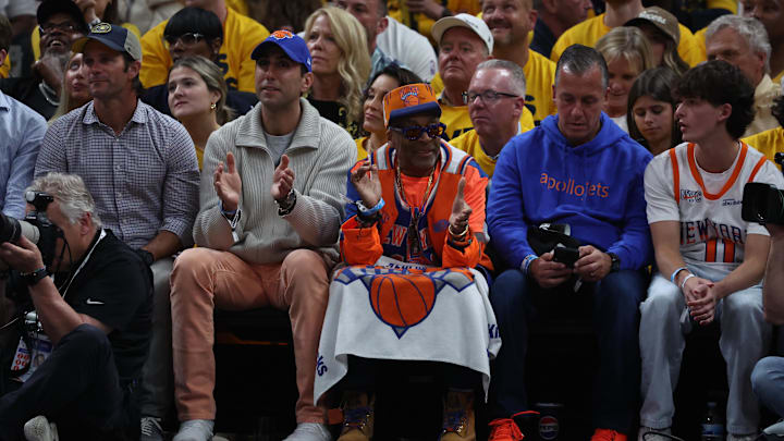 Spike Lee sits court side during the 2025 NBA Playoffs between the Indiana Pacers and the New York Knicks