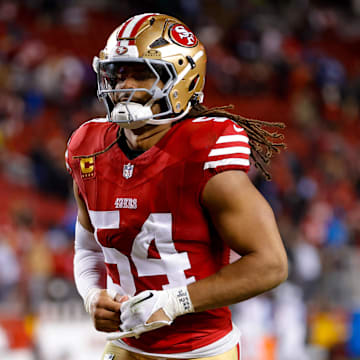 Dec 30, 2024; Santa Clara, California, USA; San Francisco 49ers linebacker Fred Warner (54) during the game against the Detroit Lions at Levi's Stadium. Mandatory Credit: Sergio Estrada-Imagn Images