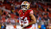 Dec 30, 2024; Santa Clara, California, USA; San Francisco 49ers linebacker Fred Warner (54) during the game against the Detroit Lions at Levi's Stadium. Mandatory Credit: Sergio Estrada-Imagn Images