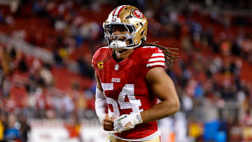 Dec 30, 2024; Santa Clara, California, USA; San Francisco 49ers linebacker Fred Warner (54) during the game against the Detroit Lions at Levi's Stadium. Mandatory Credit: Sergio Estrada-Imagn Images
