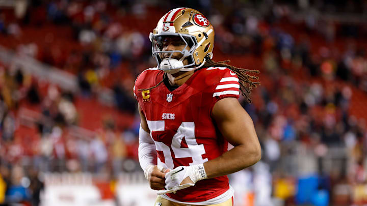 Dec 30, 2024; Santa Clara, California, USA; San Francisco 49ers linebacker Fred Warner (54) during the game against the Detroit Lions at Levi's Stadium. Mandatory Credit: Sergio Estrada-Imagn Images