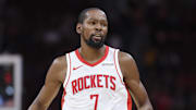 Oct 8, 2025; Houston, Texas, USA; Houston Rockets forward Kevin Durant (7) reacts after a play during the second quarter against the Utah Jazz at Toyota Center. Mandatory Credit: Troy Taormina-Imagn Images