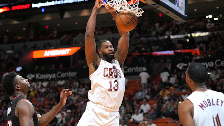 Mar 24, 2024; Miami, Florida, USA;  Cleveland Cavaliers center Tristan Thompson (13) gets a dunk against the Miami Heat during the second half at Kaseya Center. Mandatory Credit: Jim Rassol-Imagn Images