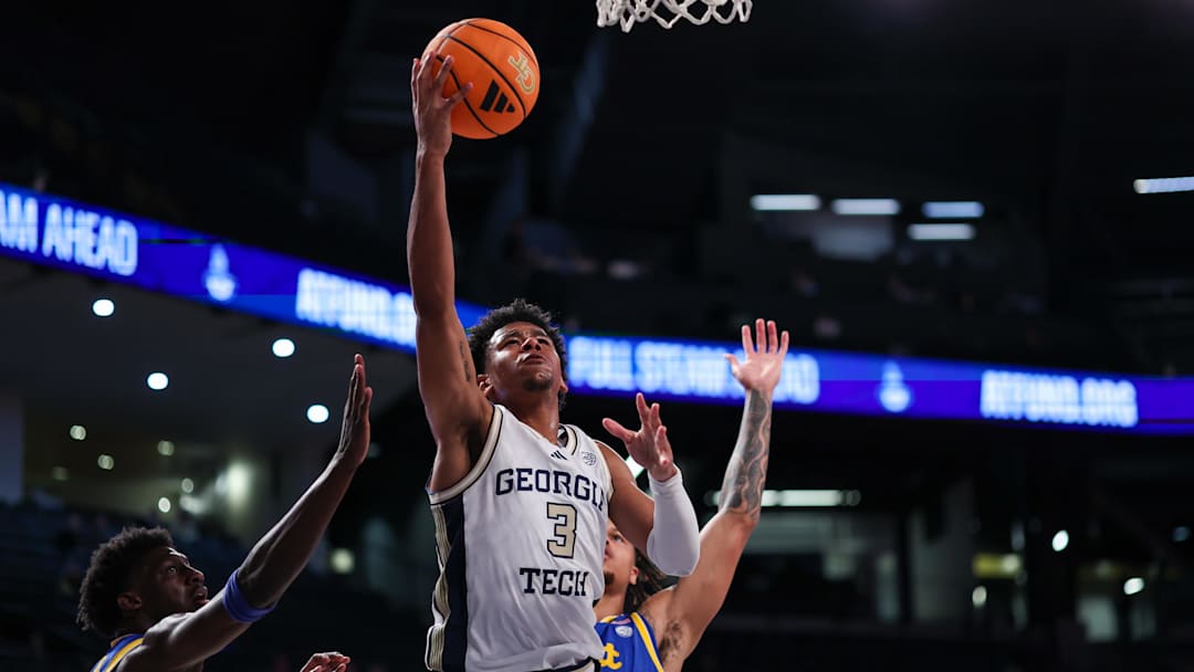 Jan 14, 2026; Atlanta, Georgia, USA; Georgia Tech Yellow Jackets guard Jaeden Mustaf (3) shoots against the Pittsburgh Panthers in the second half at McCamish Pavilion. Mandatory Credit: Brett Davis-Imagn Images