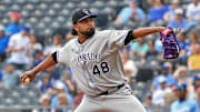 Colorado Rockies starting pitcher German Marquez (48) throws a pitch in the first inning against the Kansas City Royals at Kauffman Stadium on April 24.