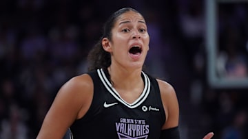 Aug 17, 2025; San Francisco, California, USA;  Golden State Valkyries guard Veronica Burton (22) shouts to teammates in the fourth quarter during a game against the Atlanta Dream at Chase Center. Mandatory Credit: David Gonzales-Imagn Images