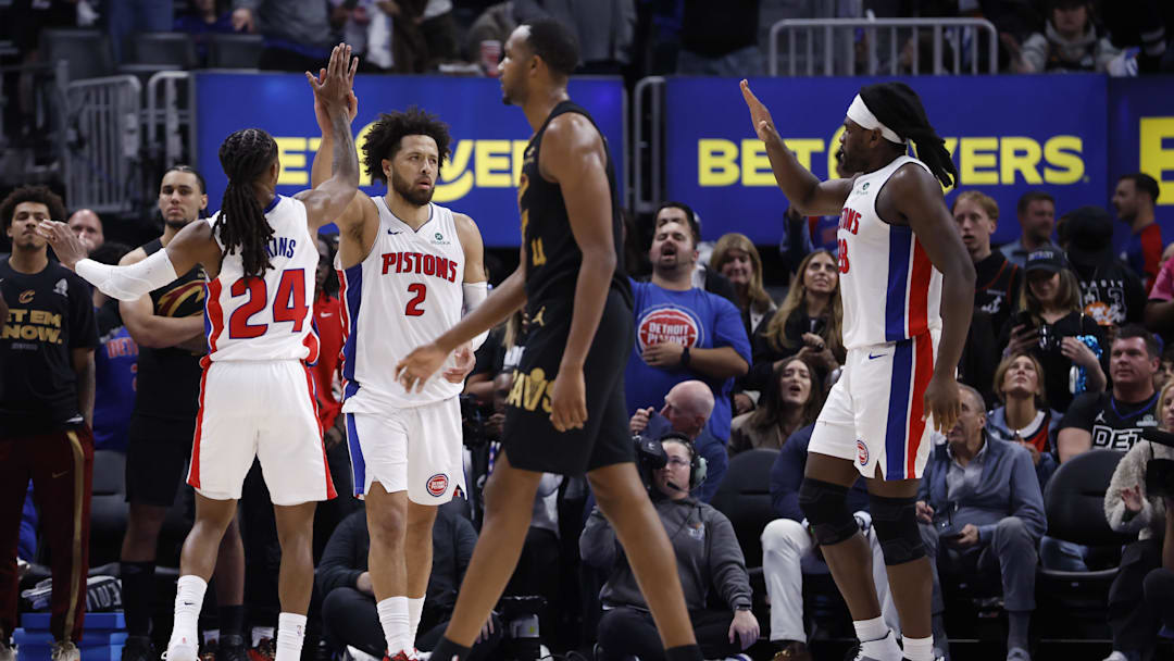 May 7, 2026; Detroit, Michigan, USA; Detroit Pistons guard Daniss Jenkins (24), guard Cade Cunningham (2) and forward Isaiah Stewart (28) celebrate in the second half against the Cleveland Cavaliers during game two of the second round of the 2026 NBA Playoffs at Little Caesars Arena. Mandatory Credit: Rick Osentoski-Imagn Images