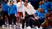 Mississippi head coach Chris Beard works with his team against Auburn during the second half of a Southeastern Conference tournament quarterfinal game at Bridgestone Arena in Nashville, Tenn., Friday, March 14, 2025.