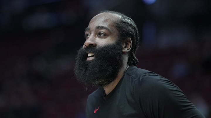 Mar 22, 2024; Portland, Oregon, USA; LA Clippers shooting guard James Harden (1) warms up prior to a game against the Portland Trail Blazers at Moda Center. 