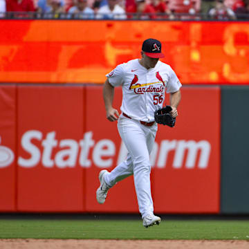 Sep 22, 2024; St. Louis, Missouri, USA;  St. Louis Cardinals relief pitcher Ryan Helsley (56) enters the game against the Cleveland Guardians during the ninth inning at Busch Stadium. Mandatory Credit: Jeff Curry-Imagn Images