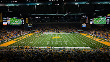  The North Dakota State Bison offense start a drive in the second half against the North Dakota Fighting Hawks at FARGODOME on November 19, 2022 in Fargo, North Dakota.