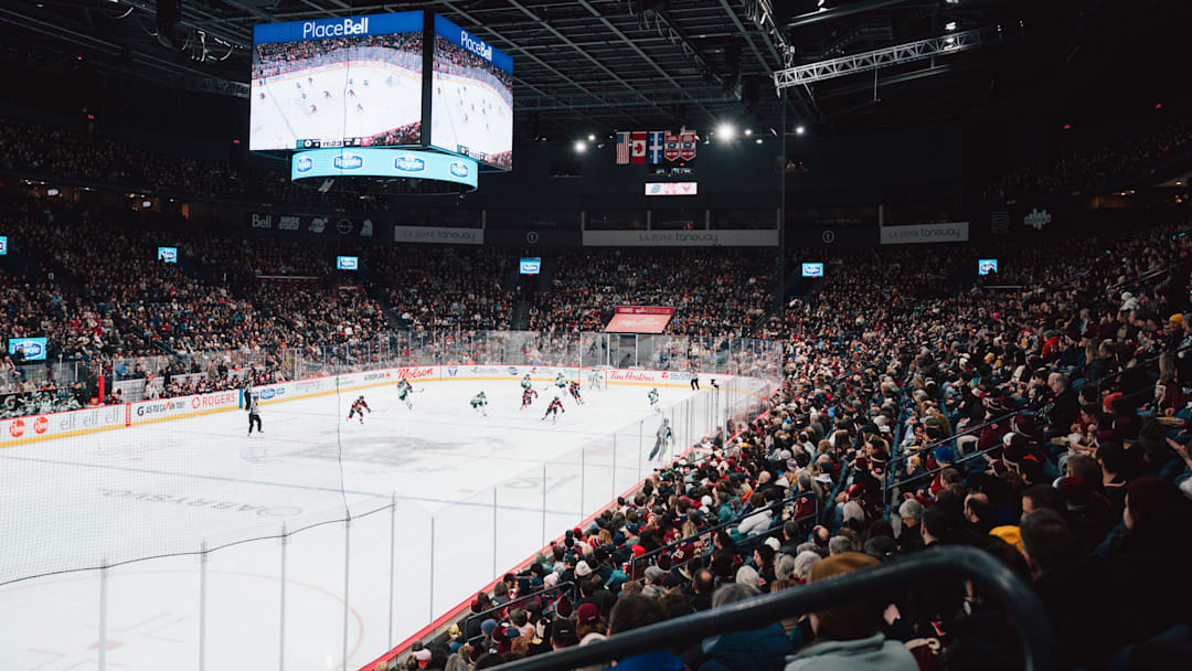 The crowd at Place Bell for Boston Fleet vs Montréal Victoire, March 15, 2026