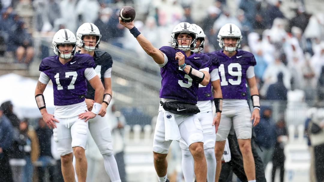 Penn State Nittany Lions quarterback Rocco Becht throws a pass during the Blue-White spring practice at Beaver Stadium. Penn State Nittany Lions quarterback Rocco Becht throws a pass during the Blue-White spring practice at Beaver Stadium.