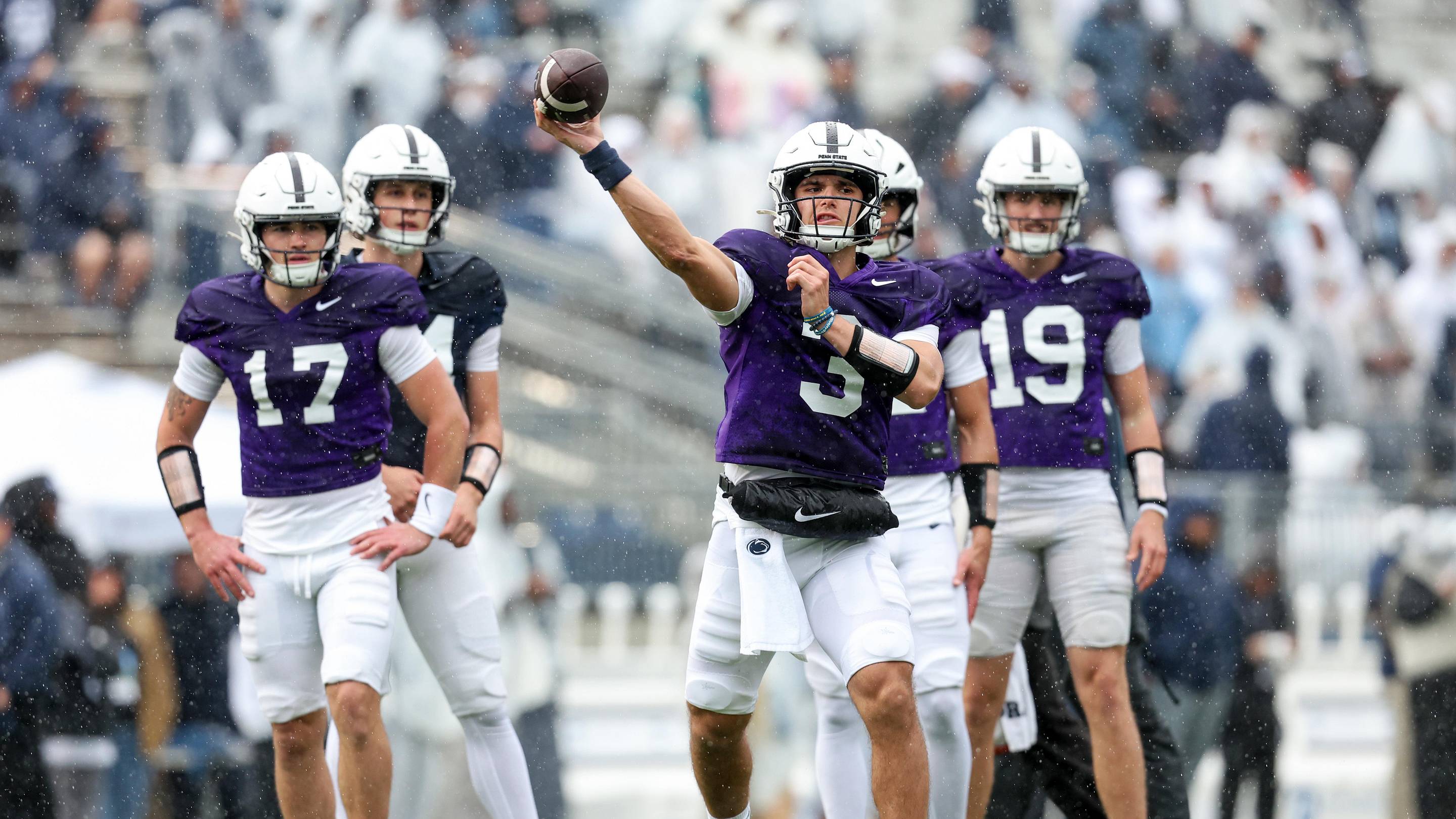 Penn State Nittany Lions quarterback Rocco Becht throws a pass during the Blue-White spring practice at Beaver Stadium.