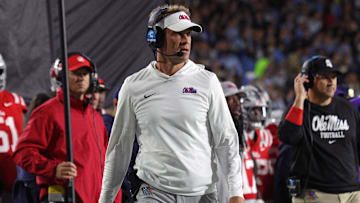Nov 1, 2025; Oxford, Mississippi, USA; Mississippi Rebels head coach Lane Kiffin looks on during the first quarter against the South Carolina Gamecocks at Vaught-Hemingway Stadium. Mandatory Credit: Petre Thomas-Imagn Images