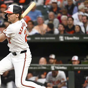 Sep 4, 2024; Baltimore, Maryland, USA;  Baltimore Orioles shortstop Gunnar Henderson (2) swings through a third inning single against the Chicago White Sox at Oriole Park at Camden Yards.