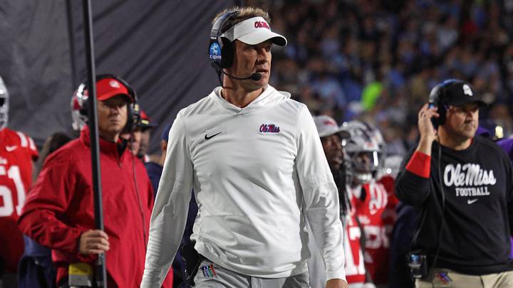 Nov 1, 2025; Oxford, Mississippi, USA; Mississippi Rebels head coach Lane Kiffin looks on during the first quarter against the South Carolina Gamecocks at Vaught-Hemingway Stadium. Mandatory Credit: Petre Thomas-Imagn Images