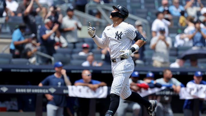 New York Yankees designated hitter Aaron Judge (99) rounds the bases after hitting a two run home run against the Toronto Blue Jays during the first inning at Yankee Stadium on Aug 3.