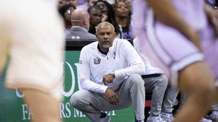 Mar 13, 2024; Kansas City, MO, USA; Kansas State Wildcats head coach Jerome Tang looks on during the first half against the Texas Longhorns at T-Mobile Center. Mandatory Credit: Amy Kontras-USA TODAY Sports