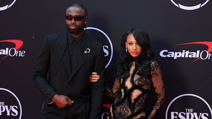 Jul 11, 2024; Los Angeles, CA, USA; Boston Celtics guard Jaylen Brown and Kysre Gondrezick arrive on the red carpet before the 2024 ESPYS at Dolby Theatre. 