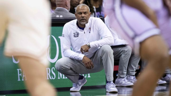 Mar 13, 2024; Kansas City, MO, USA; Kansas State Wildcats head coach Jerome Tang looks on during the first half against the Texas Longhorns at T-Mobile Center. Mandatory Credit: Amy Kontras-USA TODAY Sports