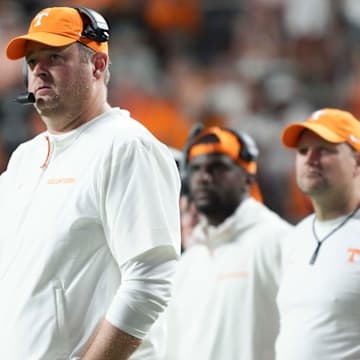 Tennessee head coach Josh Heupel looks on from the sidelines during a game between Tennessee and Kent State at Neyland Stadium, in Knoxville, Tenn., Saturday, Sept. 14, 2024. Tennessee defeated Ken State 71-0.