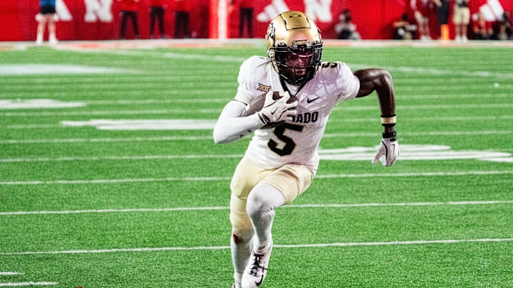 Sep 7, 2024; Lincoln, Nebraska, USA; Colorado Buffaloes wide receiver Jimmy Horn Jr. (5) runs against the Nebraska Cornhuskers during the fourth quarter at Memorial Stadium. Mandatory Credit: Dylan Widger-Imagn Images Sep 7, 2024; Lincoln, Nebraska, USA; Colorado Buffaloes wide receiver Jimmy Horn Jr. (5) runs against the Nebraska Cornhuskers during the fourth quarter at Memorial Stadium. Mandatory Credit: Dylan Widger-Imagn Images