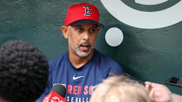 Mar 27, 2025; Arlington, Texas, USA; Boston Red Sox manager Alex Cora (13) talks to the media before the game against the Texas Rangers at Globe Life Field. Mandatory Credit: Tim Heitman-Imagn Images