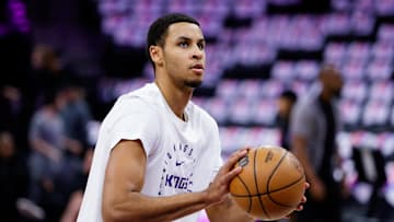 Mar 10, 2025; Sacramento, California, USA; Sacramento Kings forward Keegan Murray (13) warms up before the game against the New York Knicks at Golden 1 Center. Mandatory Credit: Sergio Estrada-Imagn Images
