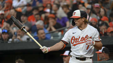 Apr 16, 2024; Baltimore, Maryland, USA;  Baltimore Orioles second baseman Jackson Holliday (7) warms up in the second inning against the Minnesota Twins at Oriole Park at Camden Yards.