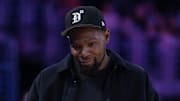 May 23, 2025; Los Angeles, California, USA; Kevin Durant attends the game between the Golden State Valkyries and the LA Sparks at Crypto.com Arena. Mandatory Credit: Kirby Lee-Imagn Images