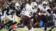 Nov 22, 2025; Boulder, Colorado, USA; Arizona State Sun Devils running back Raleek Brown (3) carries the ball in the first quarter against the Colorado Buffaloes at Folsom Field. Mandatory Credit: Ron Chenoy-Imagn Images