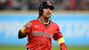 Aug 30, 2025; Cleveland, Ohio, USA; Cleveland Guardians third baseman Jose Ramirez (11) reacts while rounding the bases on a home run hit by first baseman Kyle Manzardo (9) against the Seattle Mariners during the sixth inning at Progressive Field. Mandatory Credit: Ken Blaze-Imagn Images