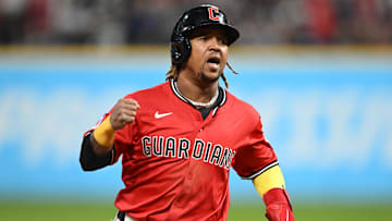 Aug 30, 2025; Cleveland, Ohio, USA; Cleveland Guardians third baseman Jose Ramirez (11) reacts while rounding the bases on a home run hit by first baseman Kyle Manzardo (9) against the Seattle Mariners during the sixth inning at Progressive Field. Mandatory Credit: Ken Blaze-Imagn Images