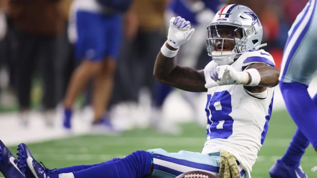 Dallas Cowboys wide receiver CeeDee Lamb (88) reacts after catching a pass in the second quarter against the New York Giants