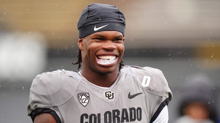 Apr 27, 2024; Boulder, CO, USA; Colorado Buffaloes cornerback Travis Hunter (12) warms up before a spring game event at Folsom Field.