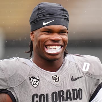 Apr 27, 2024; Boulder, CO, USA; Colorado Buffaloes cornerback Travis Hunter (12) warms up before a spring game event at Folsom Field.